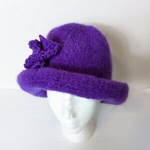 Handmade Boho Bucket Hat Knit Flower Curled Brim Purple Retro Old Timey Vintage
